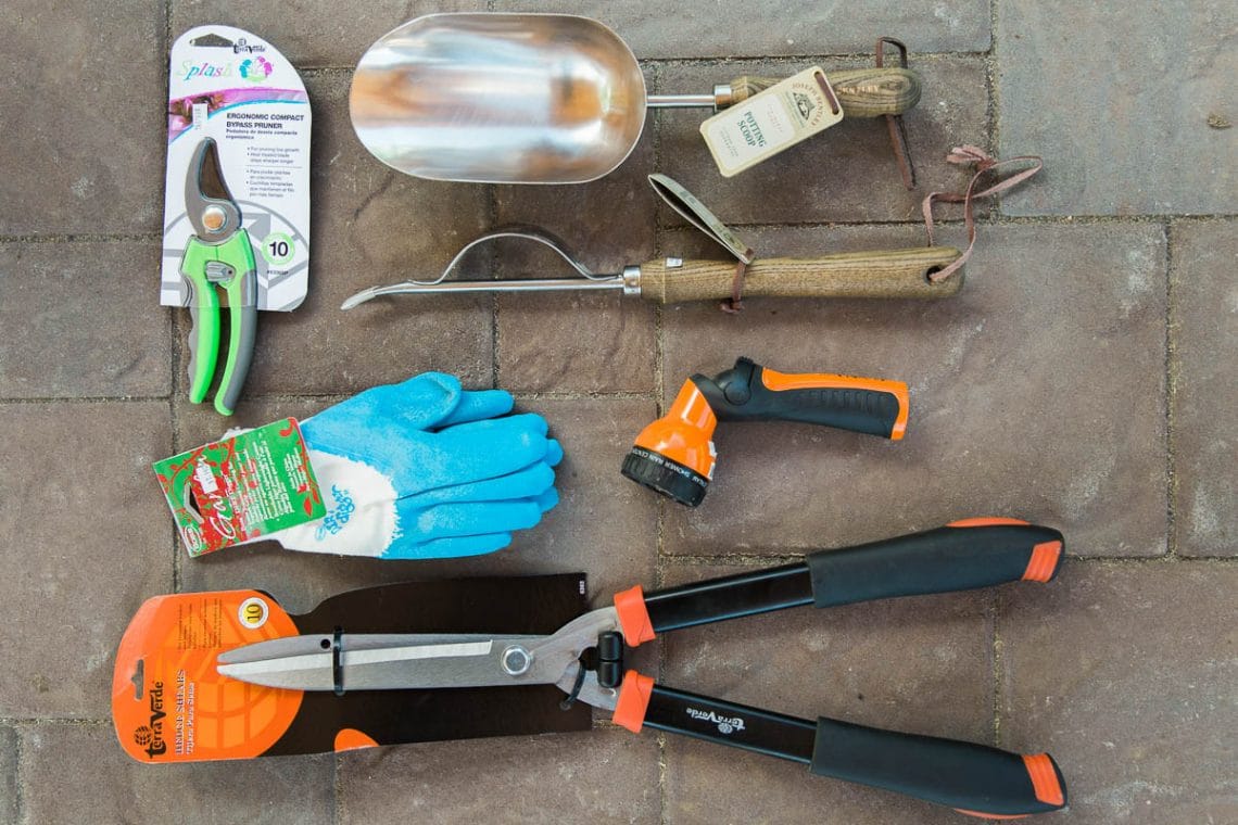 Hand tools, fertilizer, glove, and other gardening supplies at Kalleco Nursery, Ulster County Garden Center